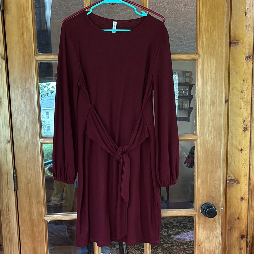 Elegant Burgundy Dress, tie in front, long sleeved EUC